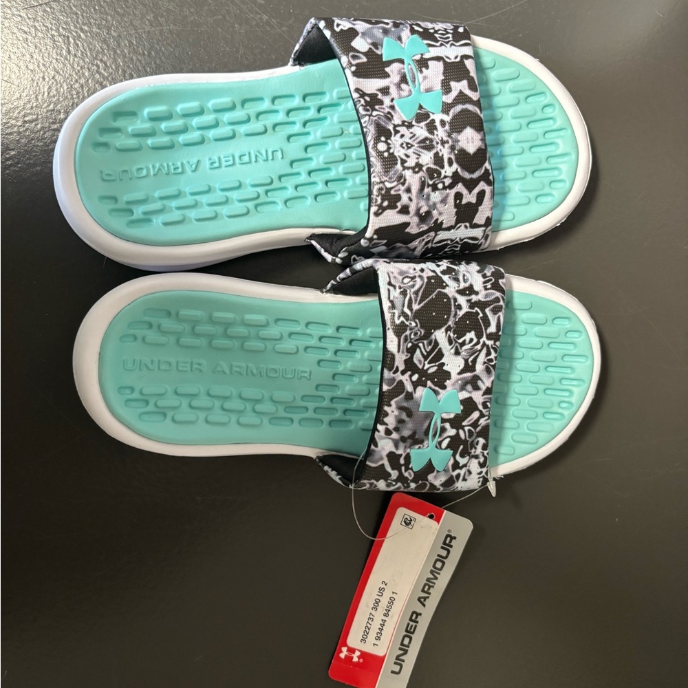 Under Armour Kids Slide Sandals - Black and Aqua